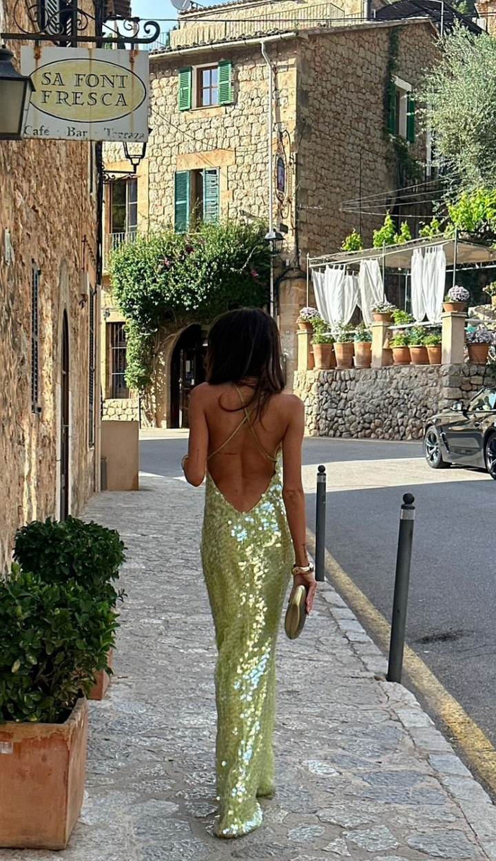 Ayla | Square Collar Sequin Backless Party Dress