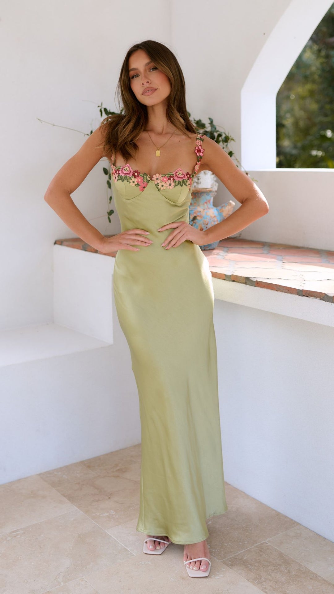 Luz | Embroidered Stitching Solid Color Satin Dress
