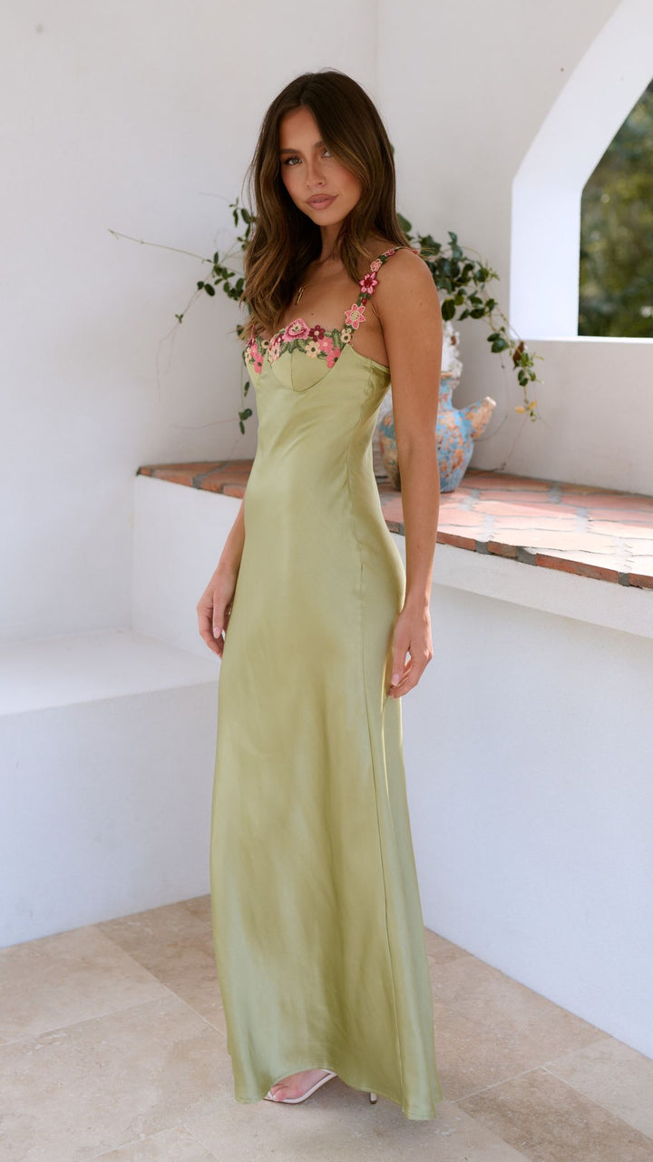 Luz | Embroidered Stitching Solid Color Satin Dress