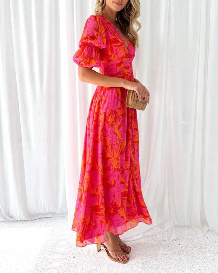 Clara | Elegant V-Neck Puff Sleeve Maxi Dress