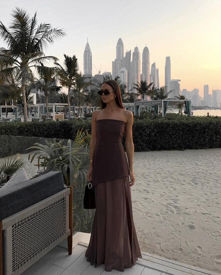 Ariadne | Strapless Patchwork Mesh Asymmetrical Maxi Dress