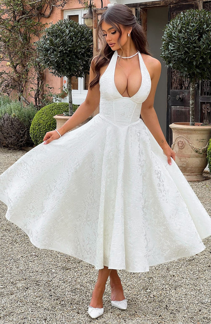 Niamh | Elegant Embroidered Deep V Sleeveless Dress